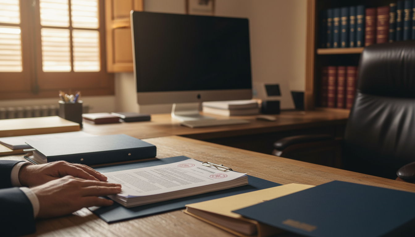 Empresario revisando documentos de Hacienda en su despacho con expresión concentrada