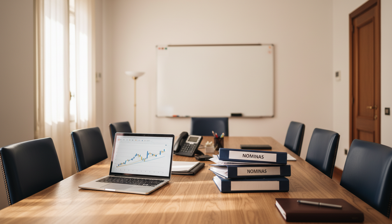 Sala de reuniones de empresa con ordenador mostrando gráficos financieros y carpetas de nóminas