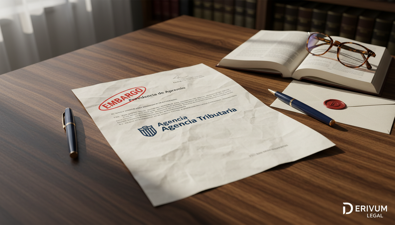 Notificación de embargo de Hacienda con sello rojo sobre mesa de despacho