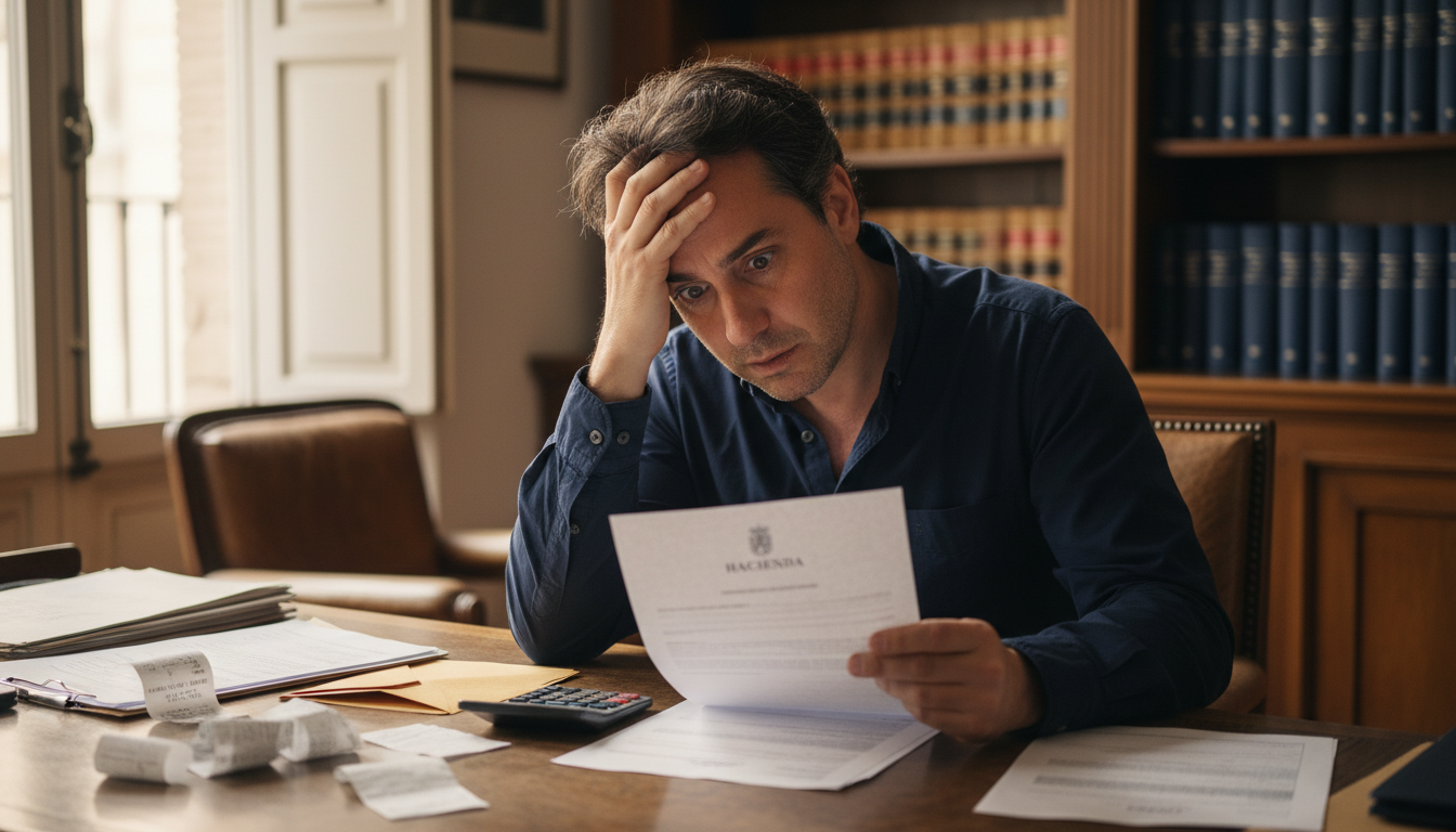 Contribuyente preocupado revisando notificación de deuda de Hacienda en su escritorio