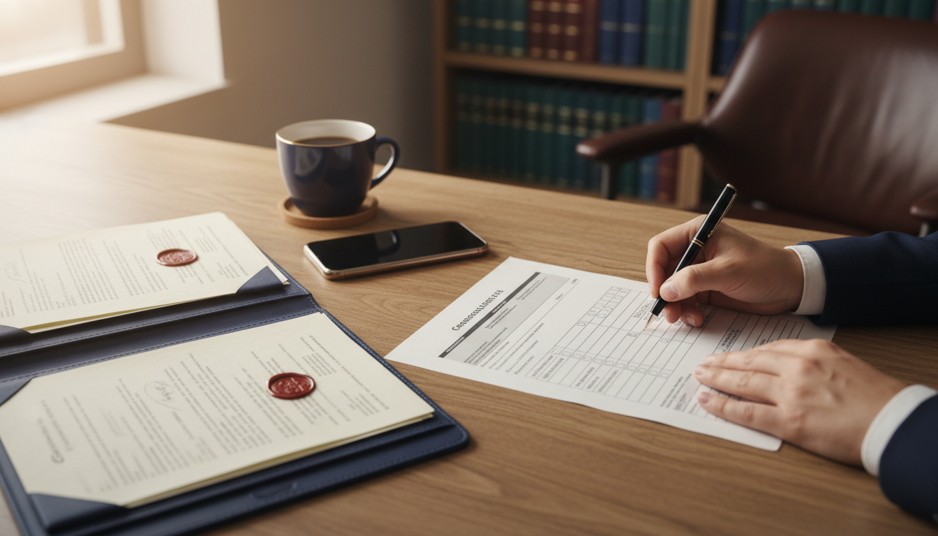 Persona rellenando formulario de recurso en escritorio con documentos sellados y teléfono móvil