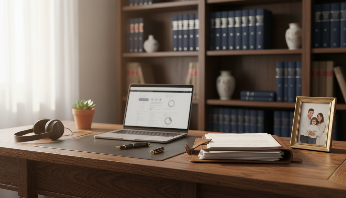 Escritorio profesional con ordenador y material de trabajo esencial, bienes inembargables según la ley