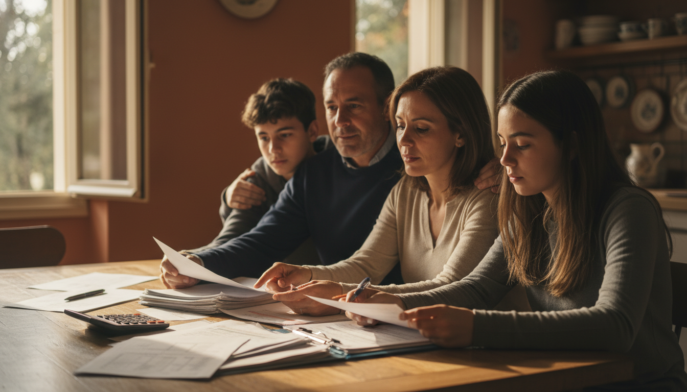 Familia española revisando documentos financieros juntos en la mesa de la cocina