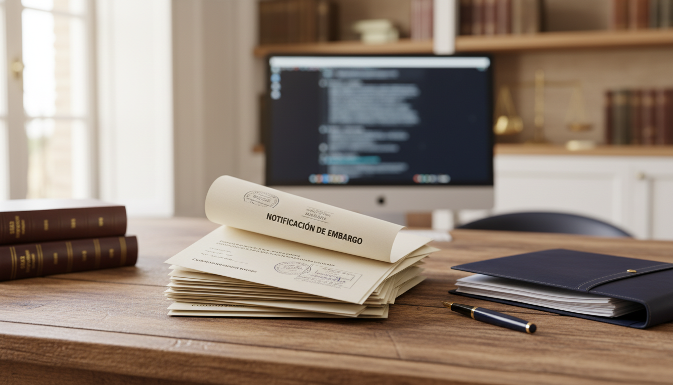 Abogado tributarista analizando datos financieros de embargo en despacho de Barcelona