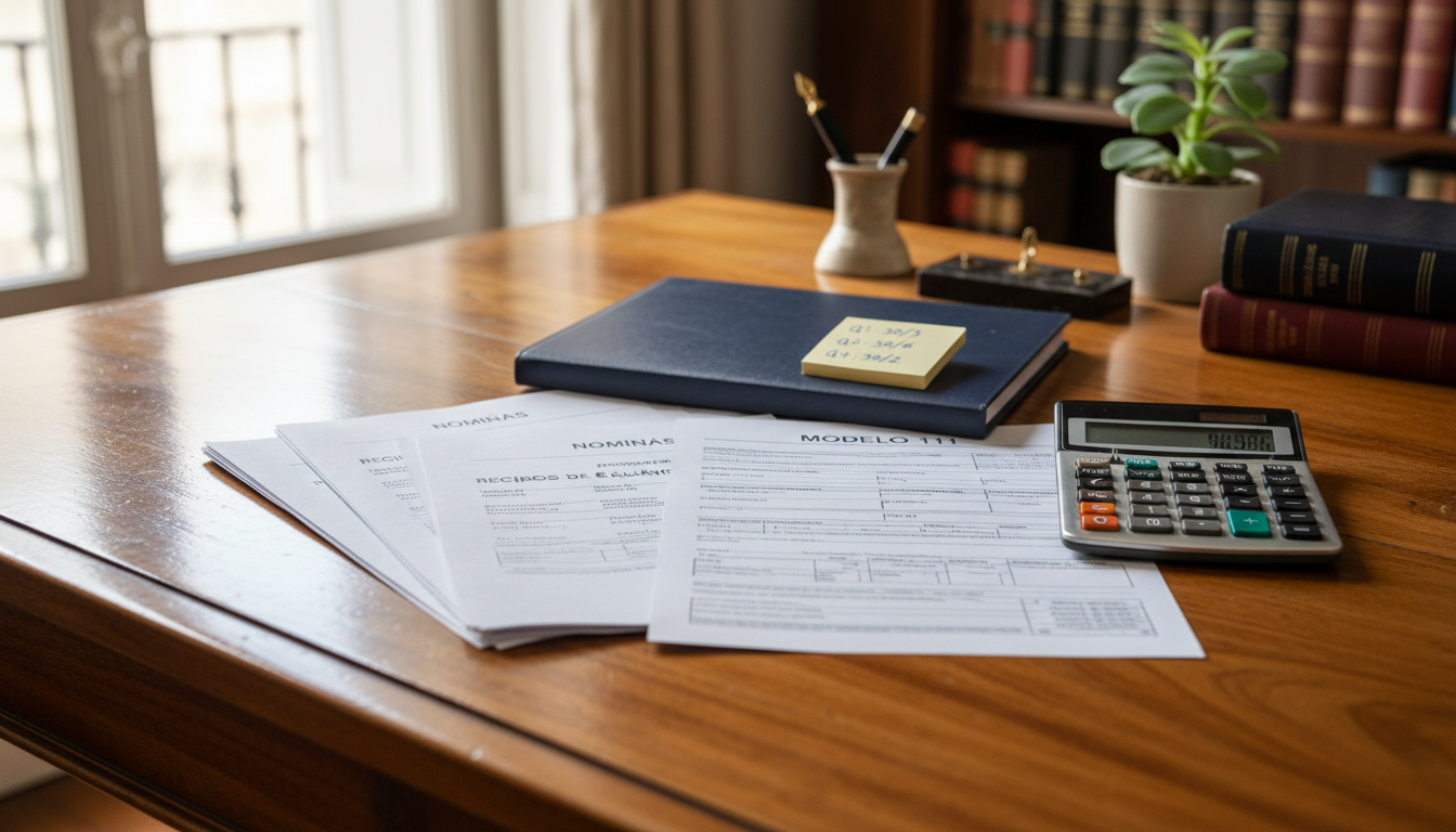 Nóminas y modelo 111 de retenciones de IRPF sobre escritorio junto a calculadora con cifras