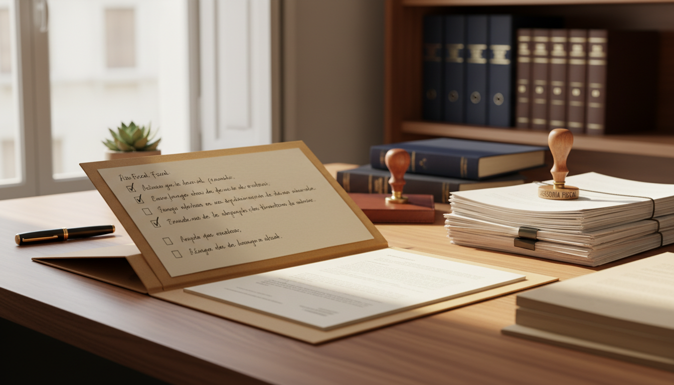 Carpeta de expediente fiscal con checklist de documentación y actas de reunión en despacho de abogados