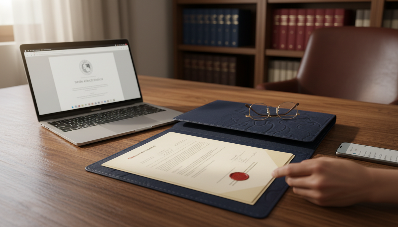 Persona revisando documentos oficiales junto a ordenador con sede electrónica de la AEAT