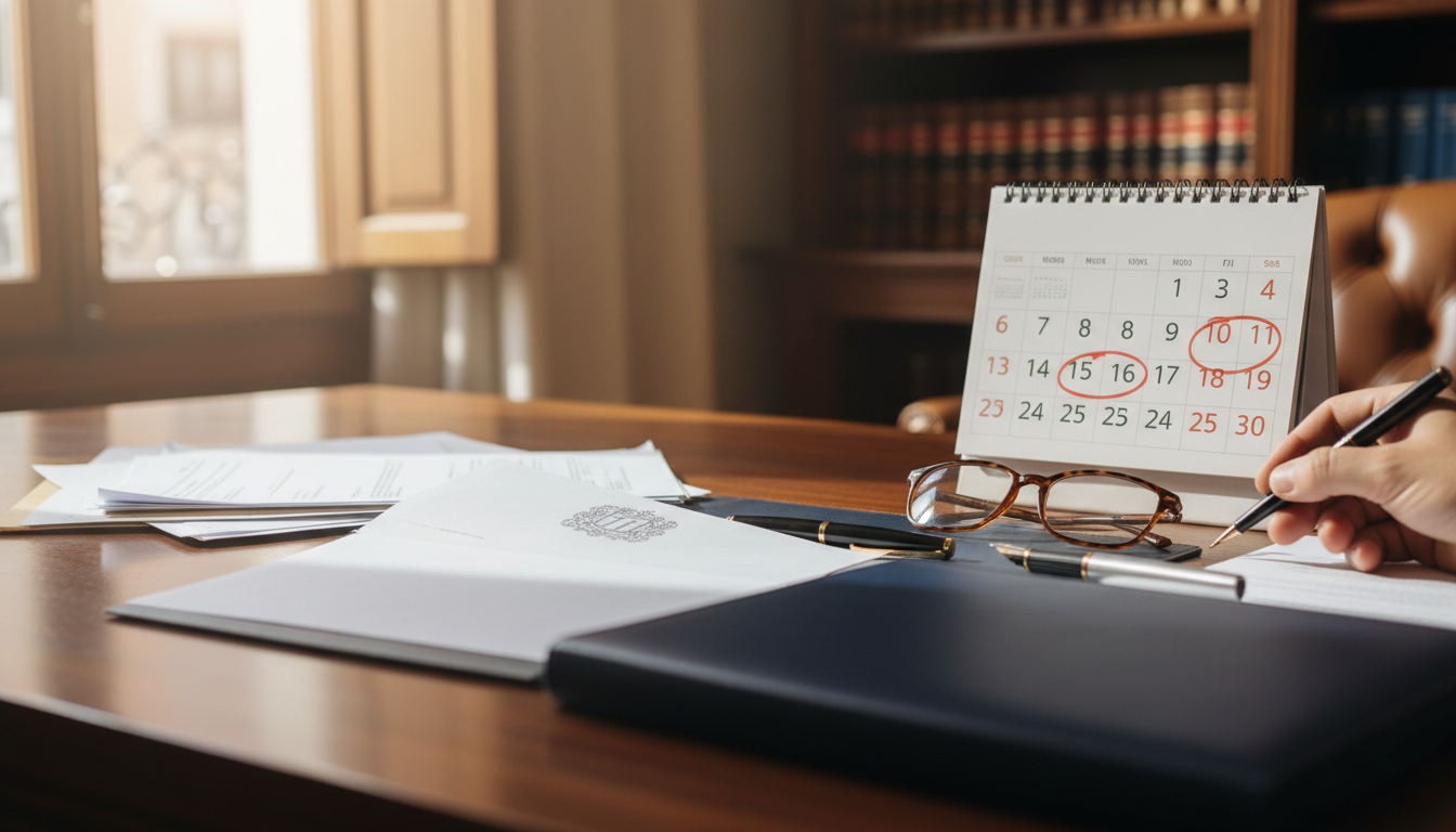 Carta oficial de Hacienda abierta junto a calendario con plazos marcados en escritorio de oficina