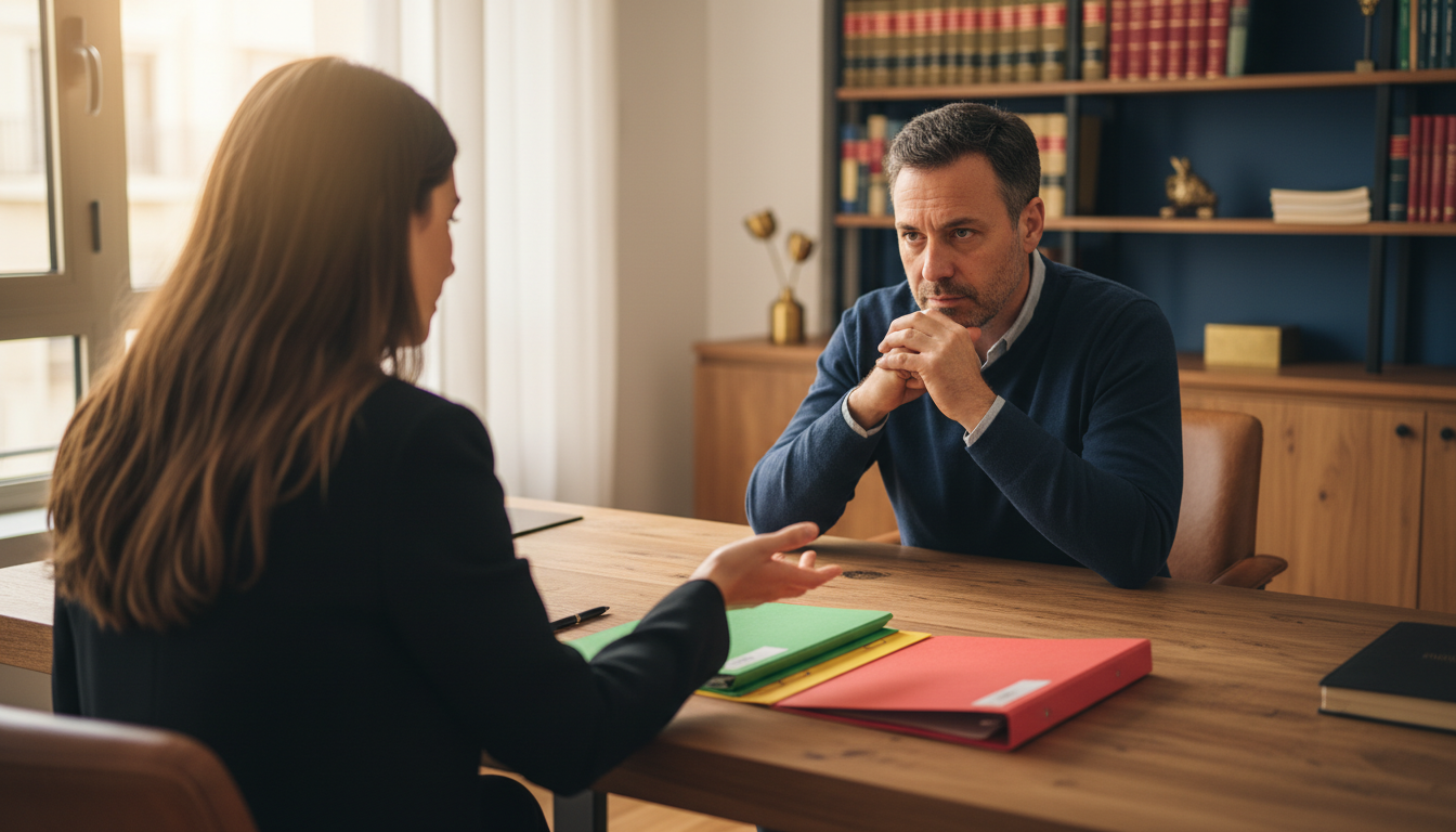 Abogada tributarista mostrando tres opciones a un cliente preocupado en reunión de despacho