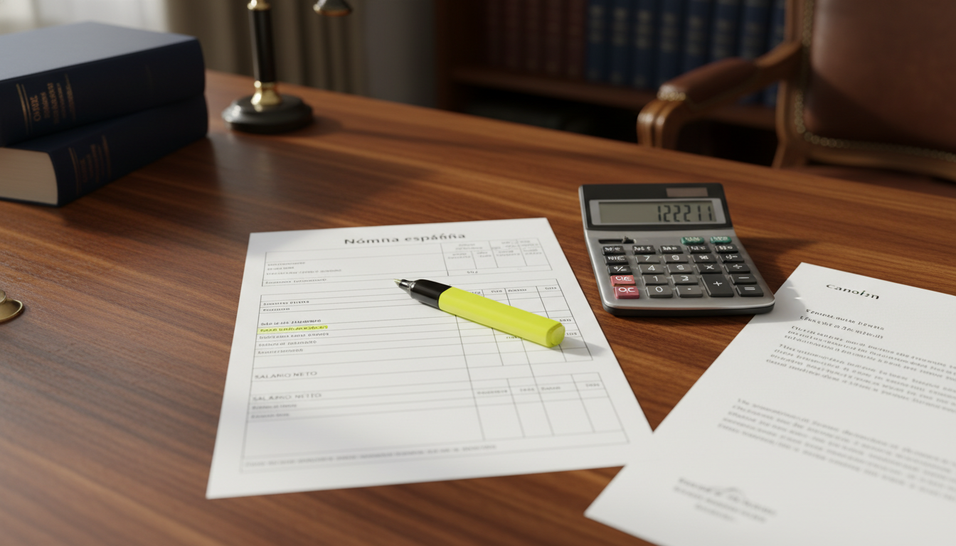 Nómina española con calculadora mostrando el salario mínimo inembargable
