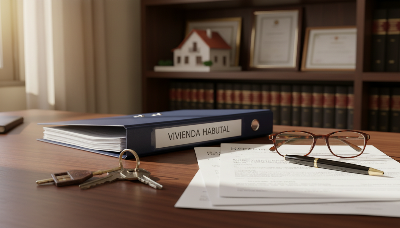 Carpeta de vivienda habitual con llaves y documentos de escritura en despacho de abogado