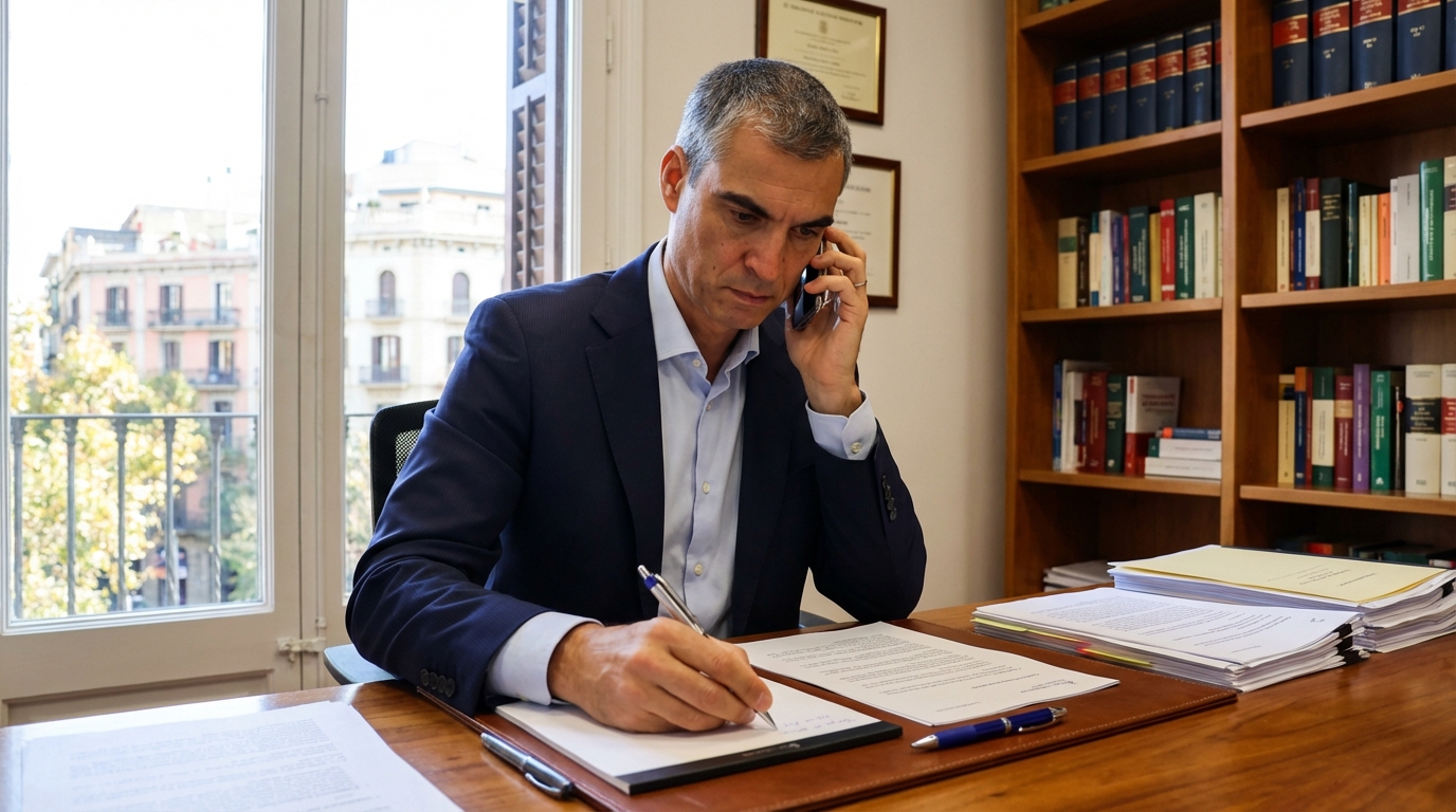 Enric Hernández abogado atendiendo llamada urgente en despacho de Barcelona
